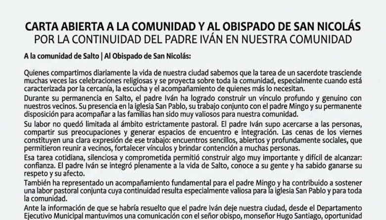 Carta abierta a la comunidad y al Obispado de San Nicolás por la continuidad del Padre Iván